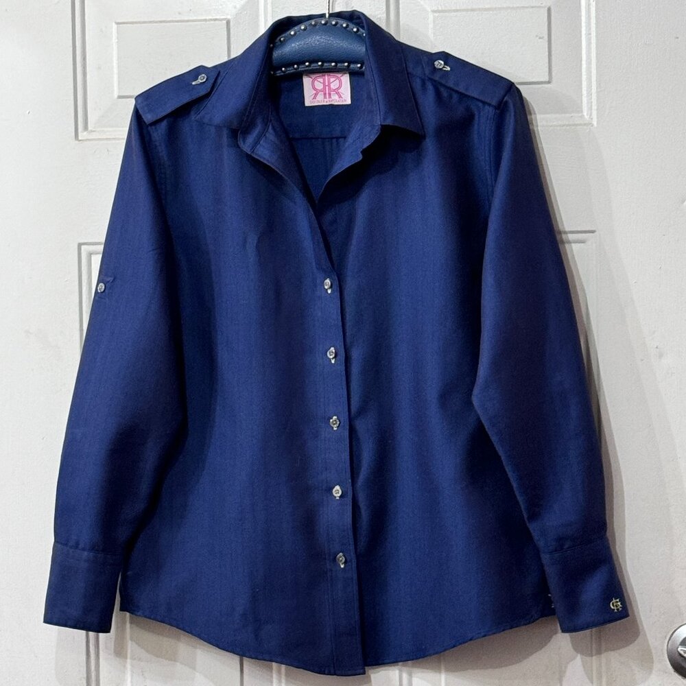 Doubler R by Ravi Ratan Sz M Womens Blouse Shirt Long Sleeve Navy Blue Cotton